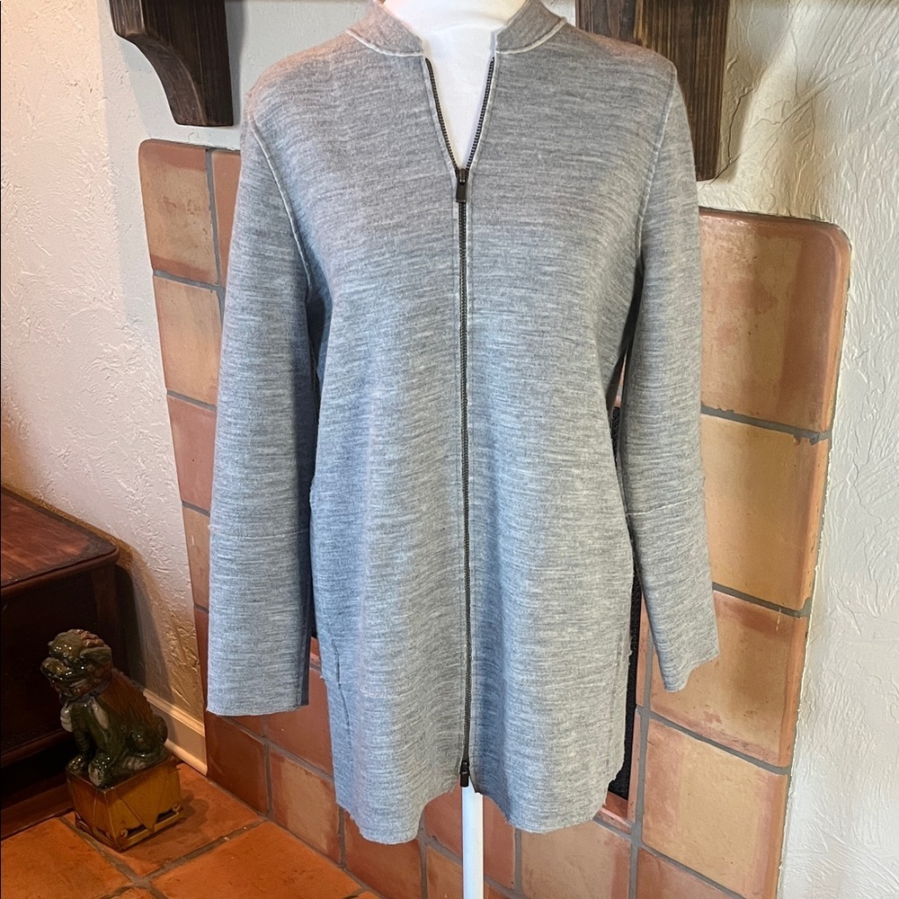 Eileen Fisher Gray Long Sleeve Zip-Up Merino Wool Blend Longline Coat, size SP
